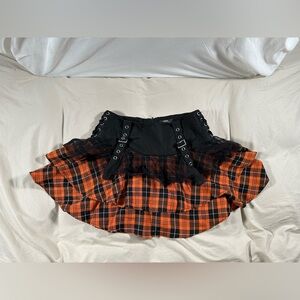 Social Collision TRIPP NYC Plaid Mesh Net Tiered Mini Orange Plaid Skirt Goth Sm